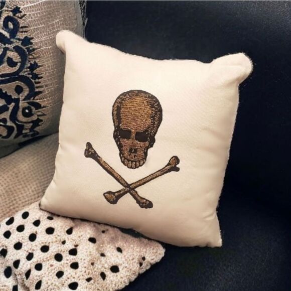 John Derian Beaded Gold Beaded Skull Pillow - Picture 1 of 6